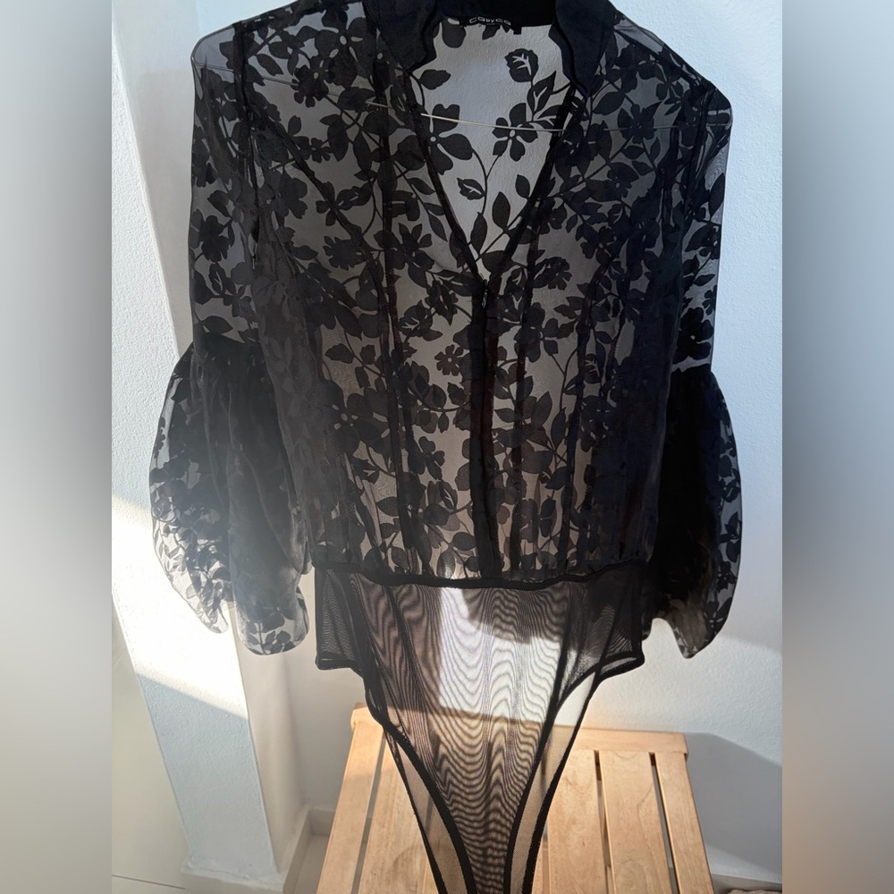 Boutique Organza Elegant Black Floral Sheer Women's blouse bodysuit - Picture 3 of 6